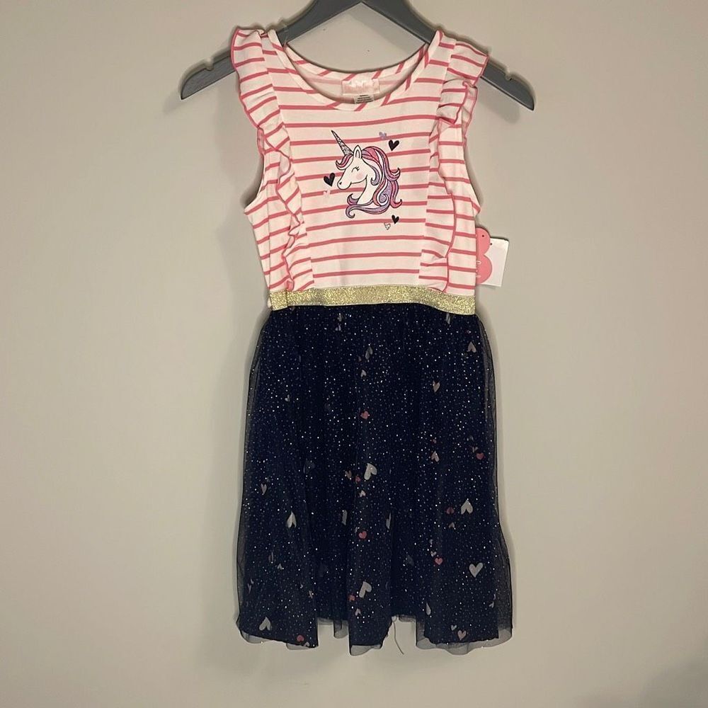 Youngland Girl's Pink Ruffled Detail Unicorn Heart Print‎ Dress Size 12 NWT